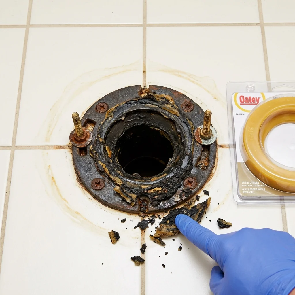 Failed wax ring showing water seepage at the base of a toilet in a Perryville, MD home