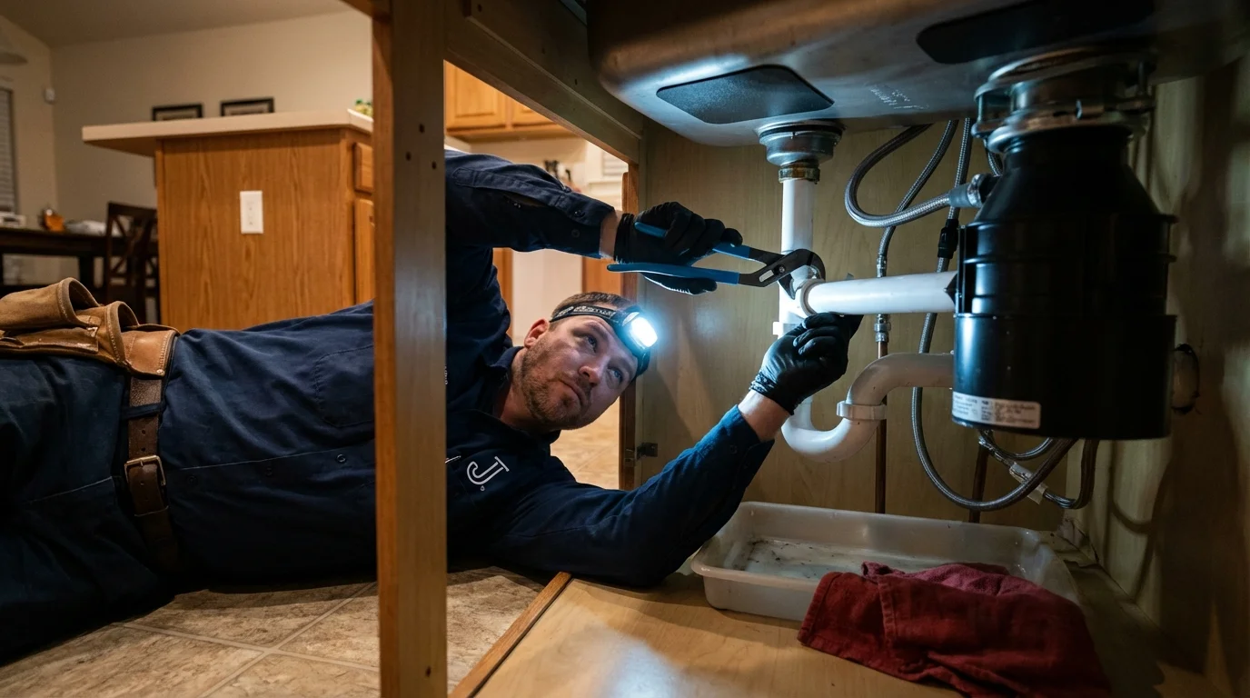 P-trap and supply line connections under a kitchen sink showing a common leak point in Perryville, MD